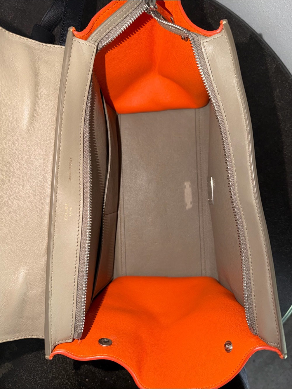 Celine Leather Top-Handle Trapeze Bag in Black, Taupe & Orange - Pre-Loved - Picture 9 of 13